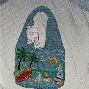 Marshalls Blue Beaded Beach Scene Bag